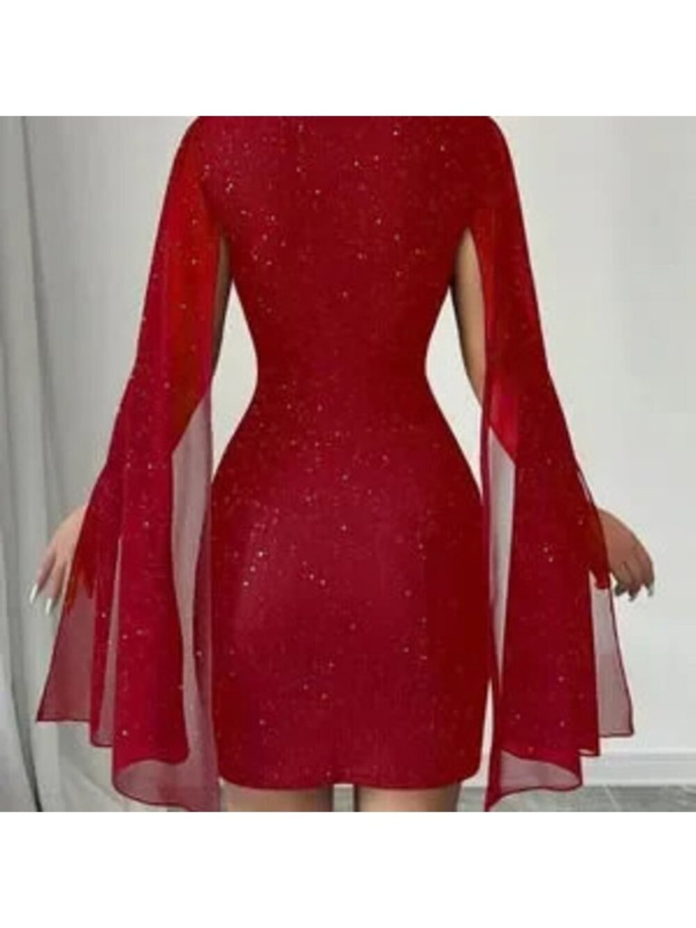 Red Party Women's Fitted Short Casual Mock Neck Flared Sleeve Bodycon Dress - Picture 2 of 5